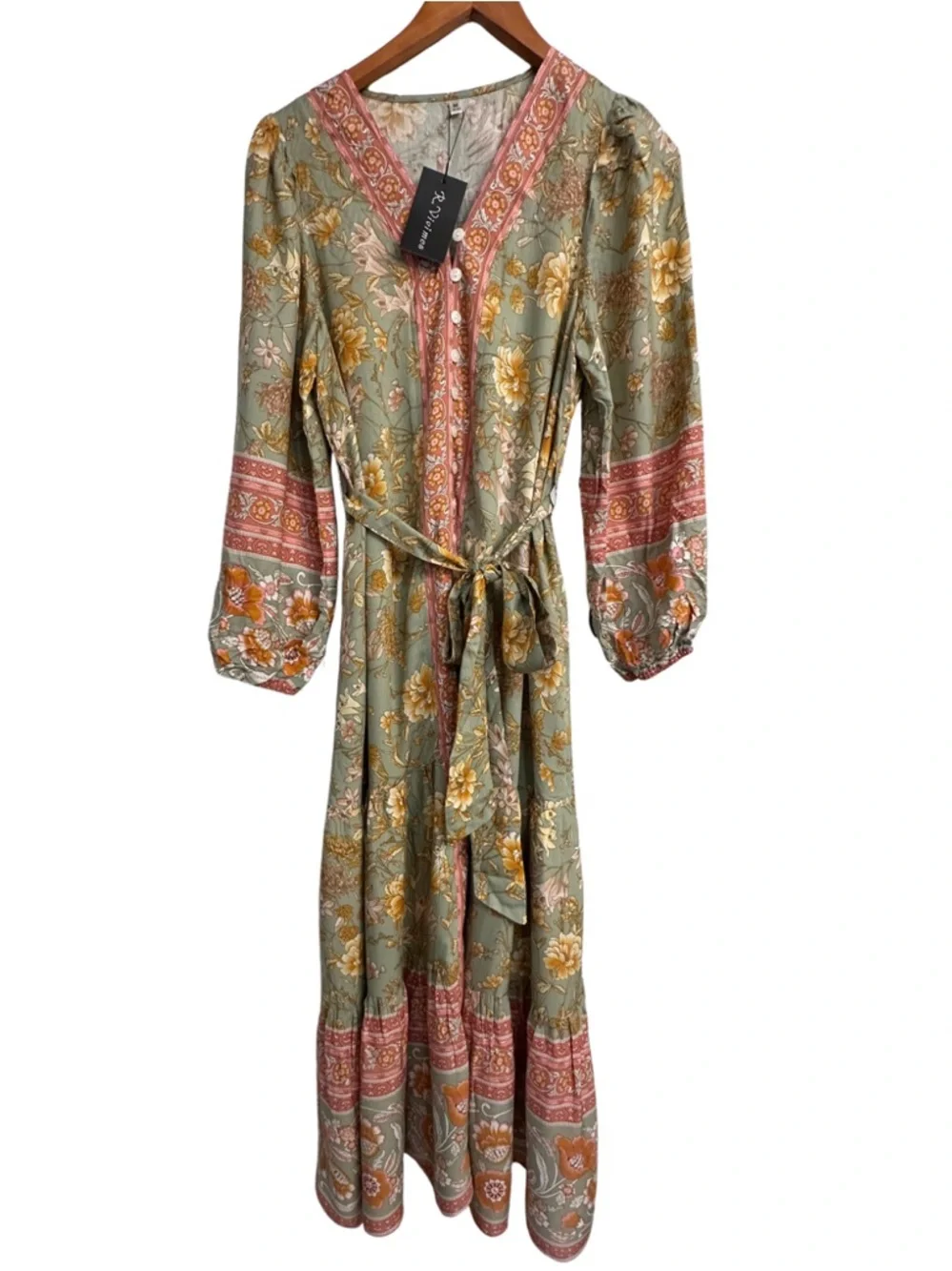 Boho Floral Midi Dress Sage Green Pink Border Print Button Front Size M NWT - Picture 9 of 15